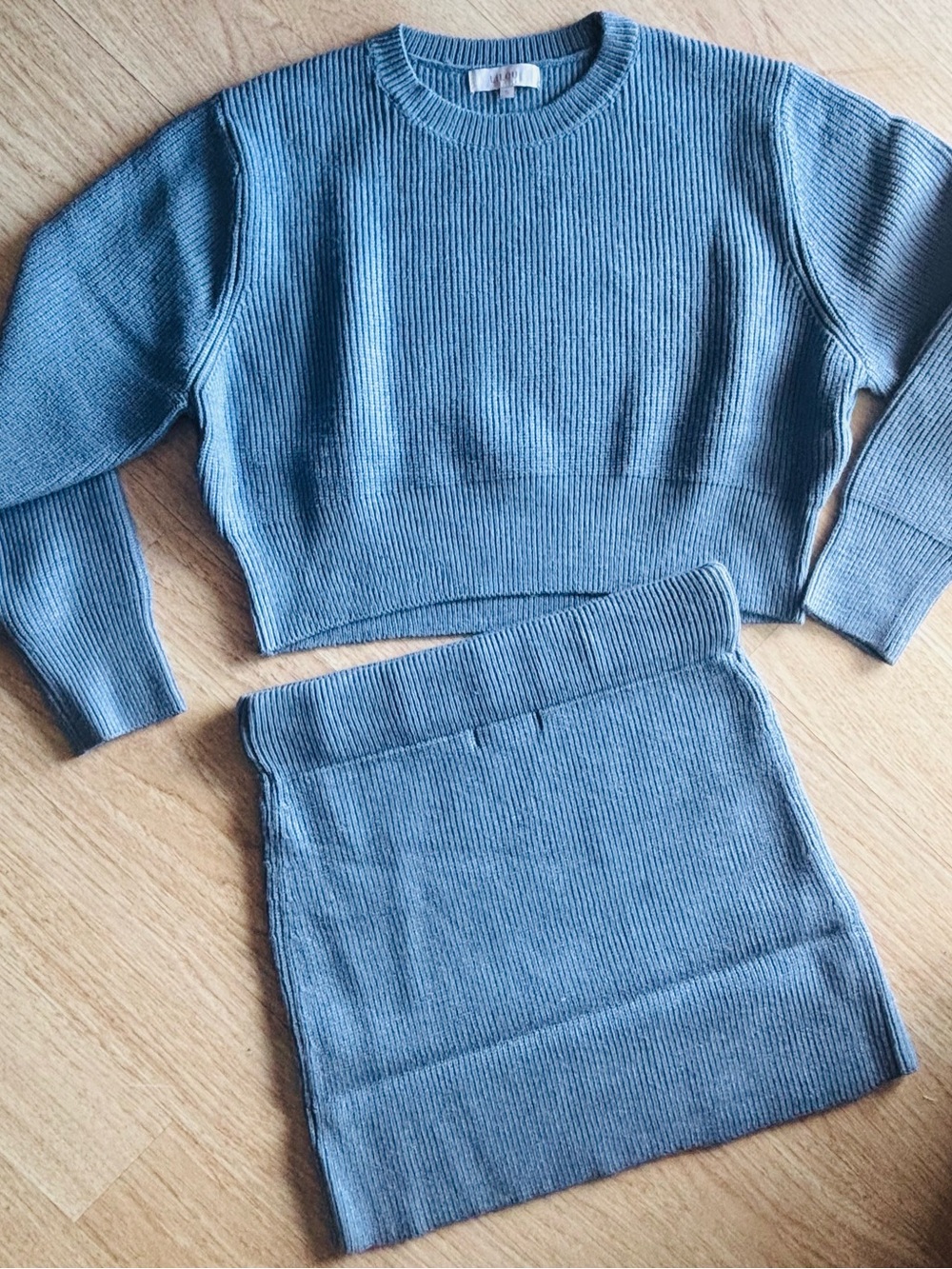 Women's Blue Ribbed Knit Skirt Set - Cozy Two-Piece